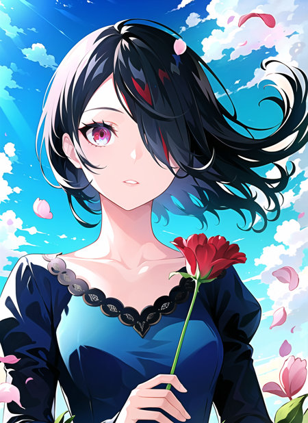 3978524940-3310753065-lam _(ramdayo_), 1girl, blue shirt, blue sky, cloud, collarbone, flower, hair over one eye, holding, holding flower, juliet slee.png